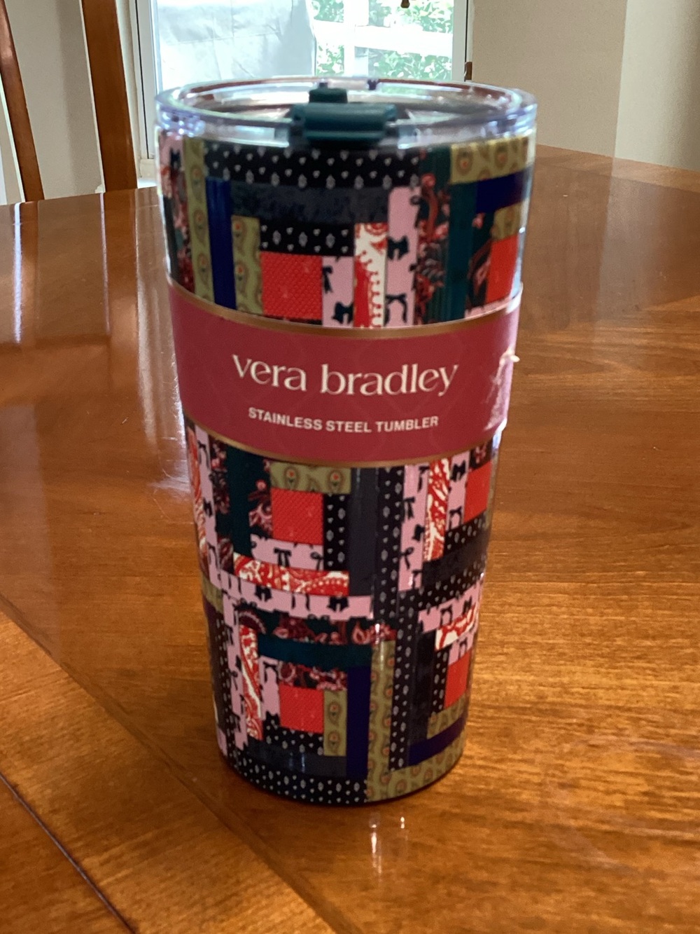Vera Bradley 20 oz stainless steel travel tumbler in the Paisley Key Patchwork
